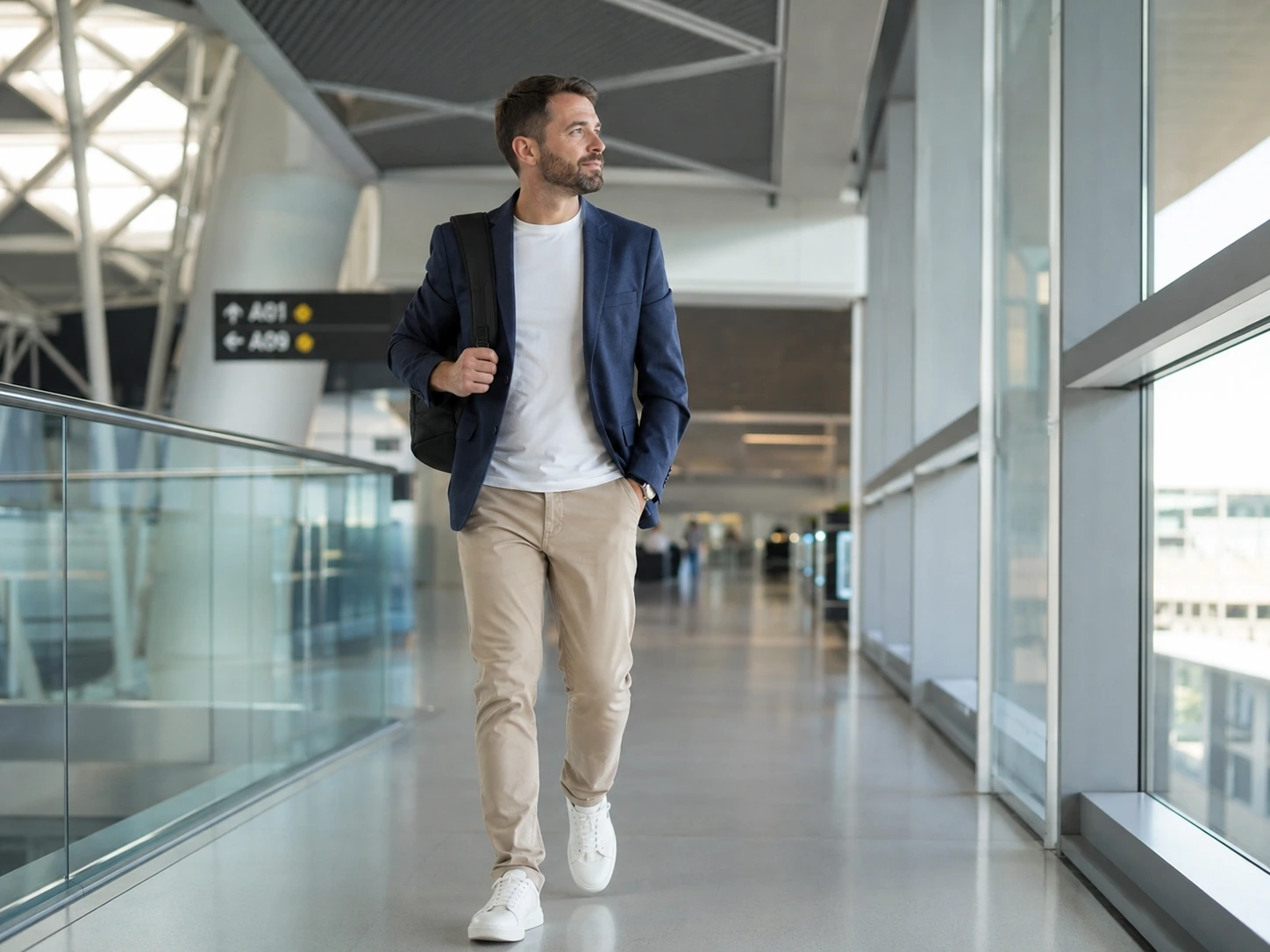 Travel-ready courier with backpack in an airport terminal